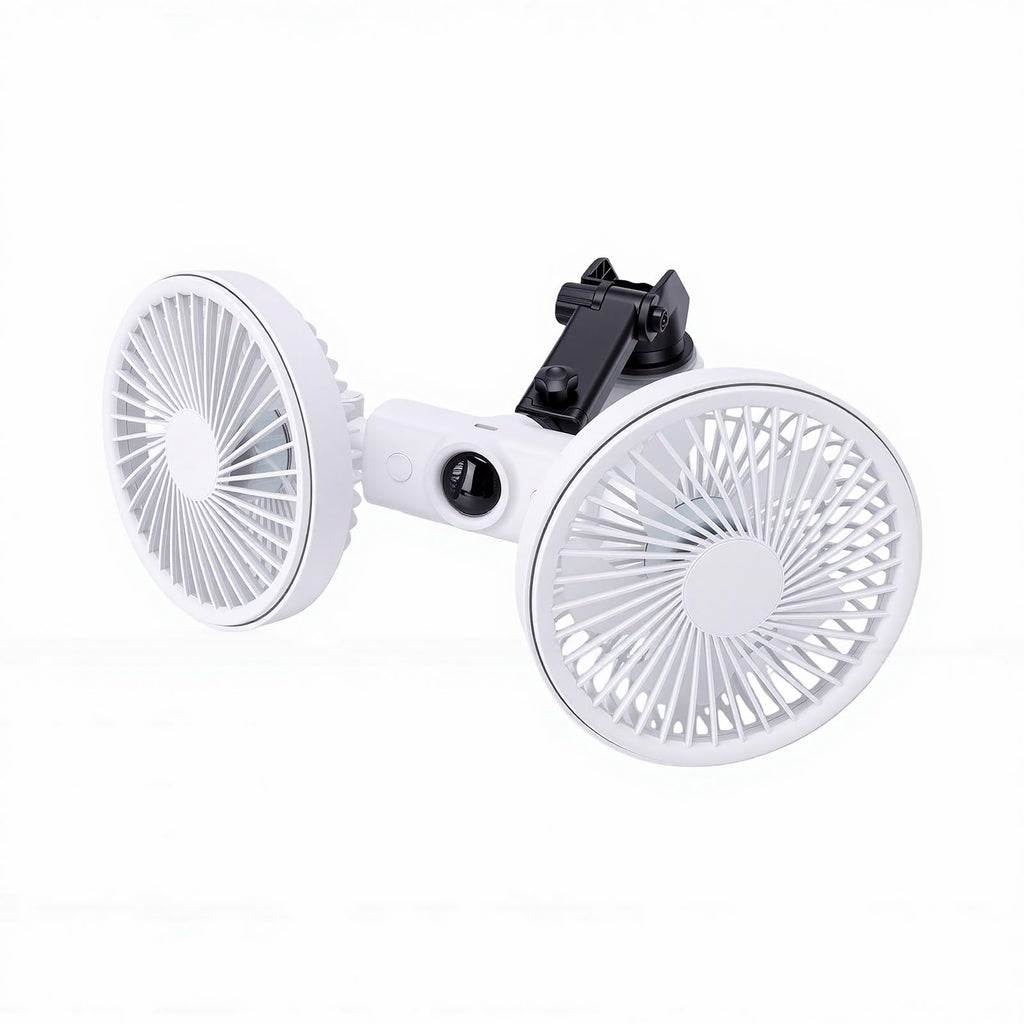 Dual Head Car Fan 3 Speeds 360 Degree Adjustable Suction Cup Rechargeable White D1980