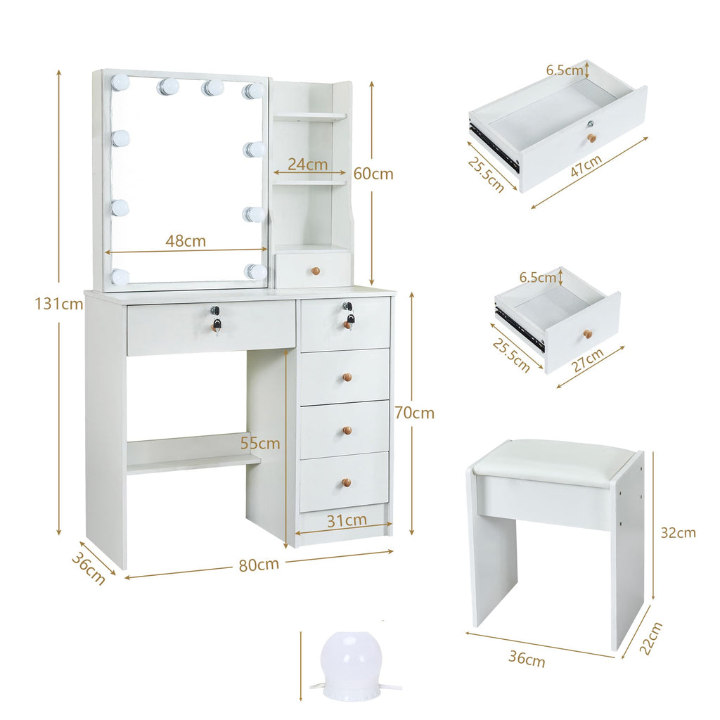 White Vanity Mirror with Lights Desk and Chair 5 Drawers Makeup Table B874