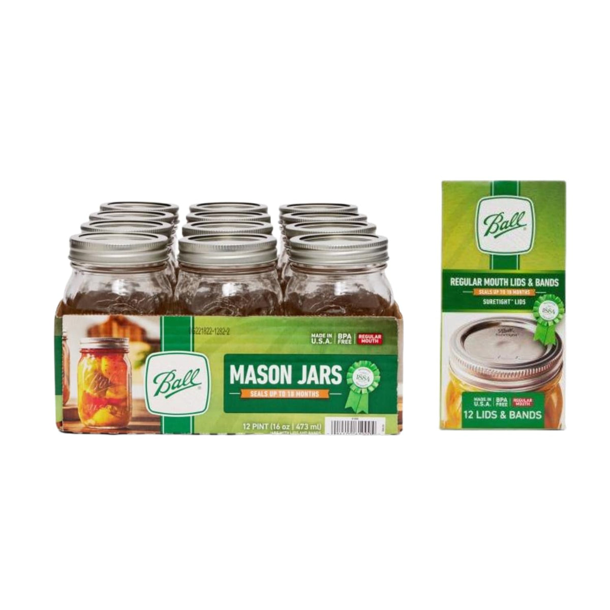 Regular Mouth Glass Mason Jars with Lids and Bands, 12 Pint Size 16 Ounce R88245