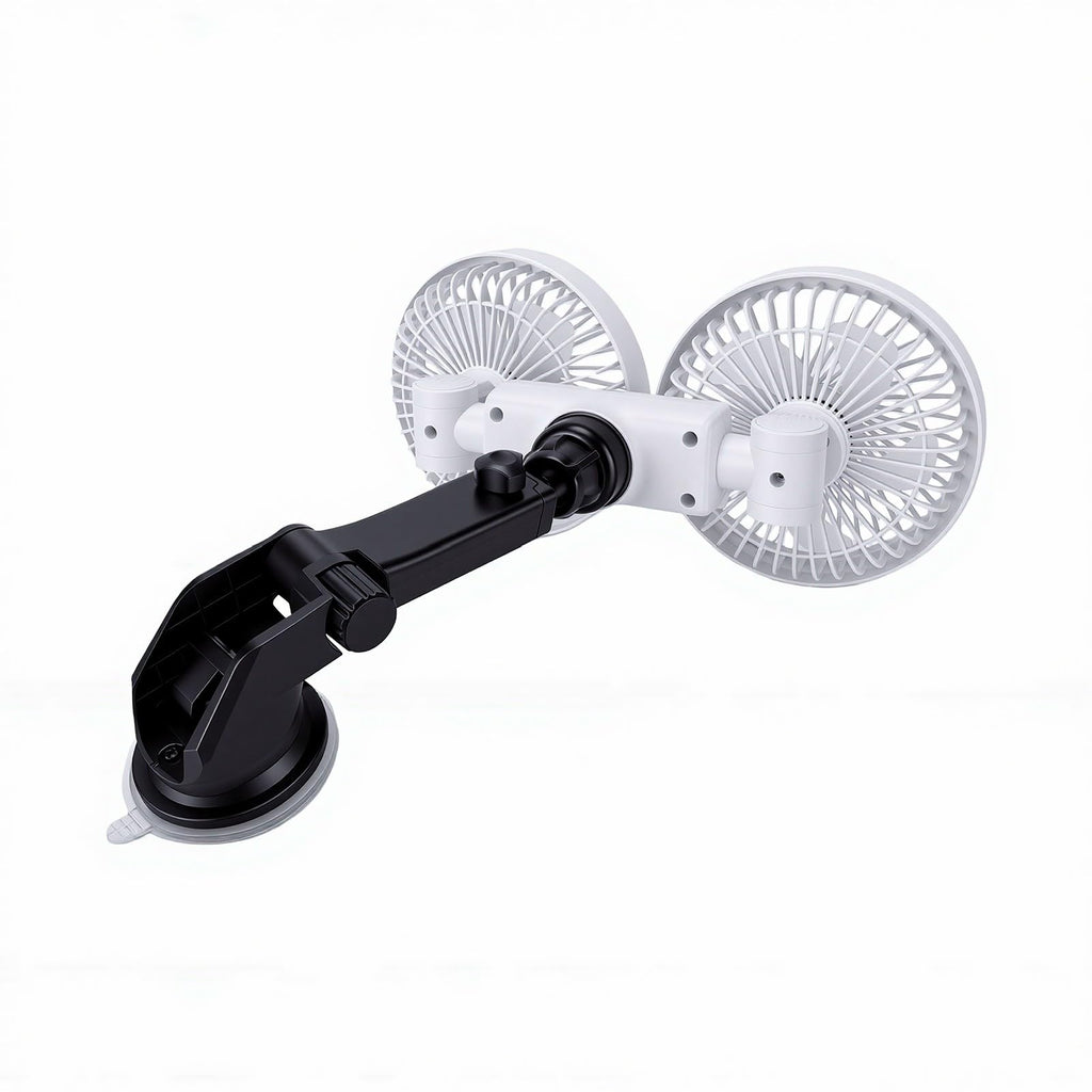 Dual Head Car Fan 3 Speeds 360 Degree Adjustable Suction Cup Rechargeable White D1980