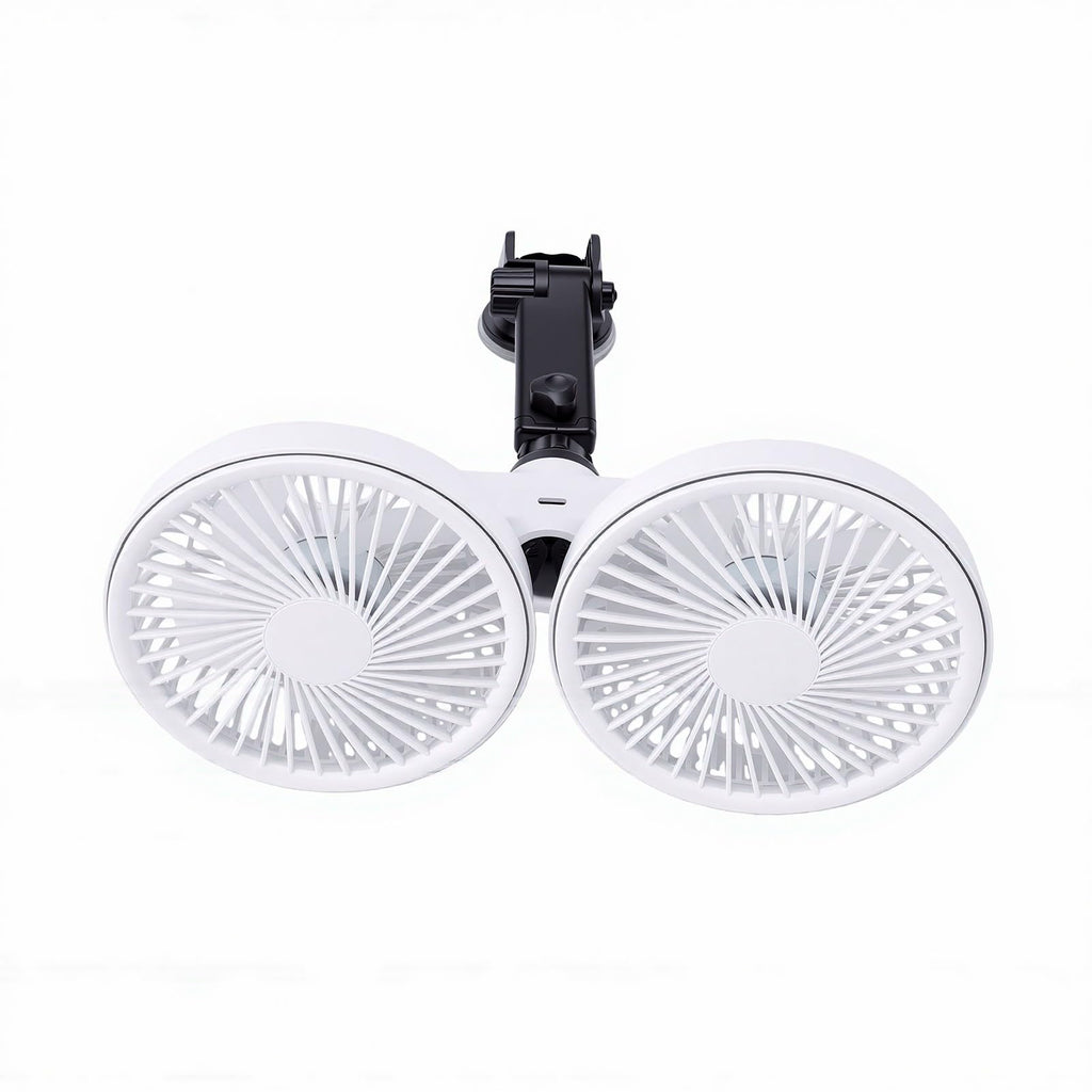 Dual Head Car Fan 3 Speeds 360 Degree Adjustable Suction Cup Rechargeable White D1980