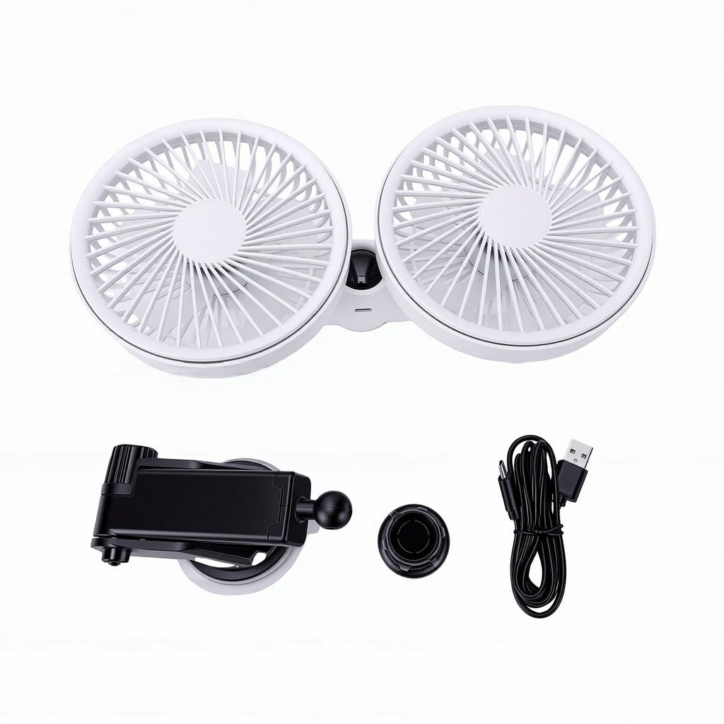 Dual Head Car Fan 3 Speeds 360 Degree Adjustable Suction Cup Rechargeable White D1980