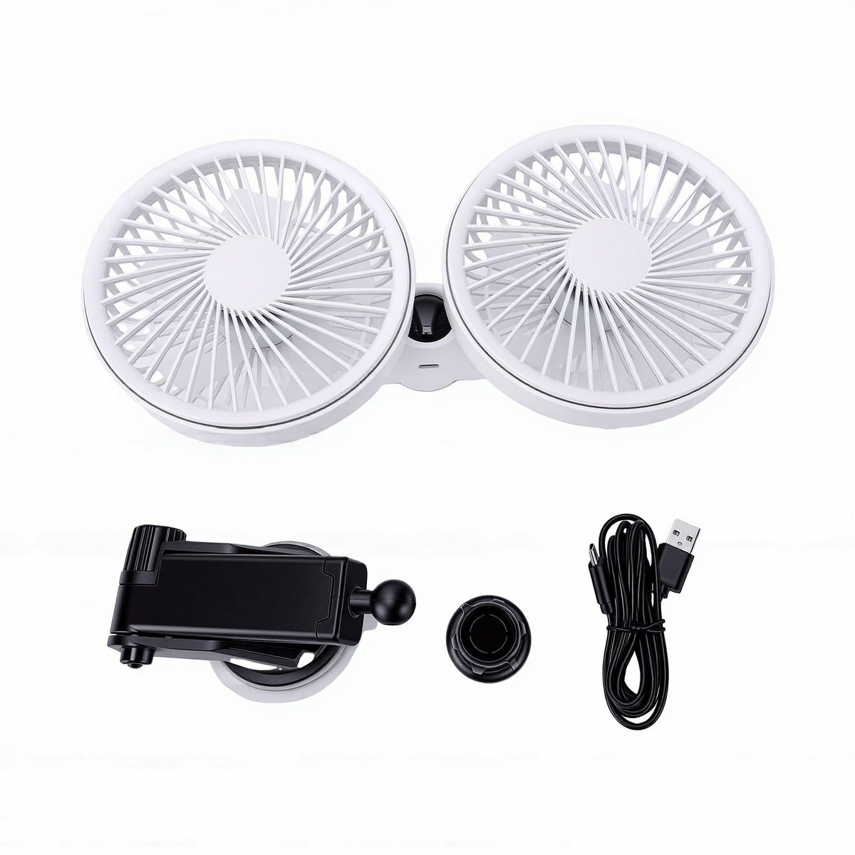 Dual Head Car Fan 3 Speeds 360 Degree Adjustable Suction Cup Rechargeable White D1980