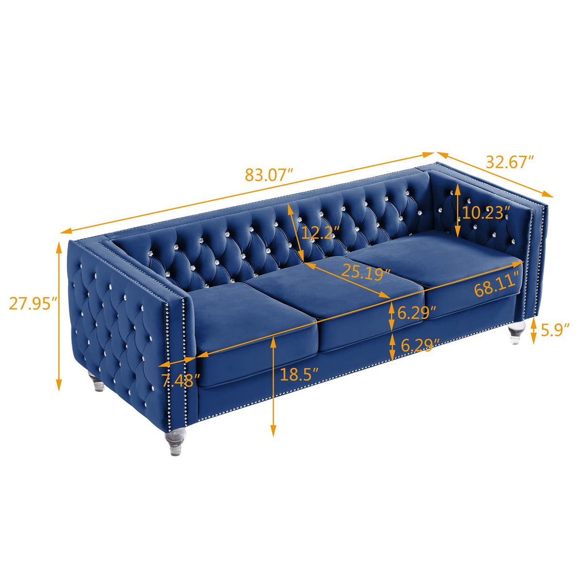 Velvet 3 Seater Sofa Couch with Nailhead and Acrylic Legs K299667