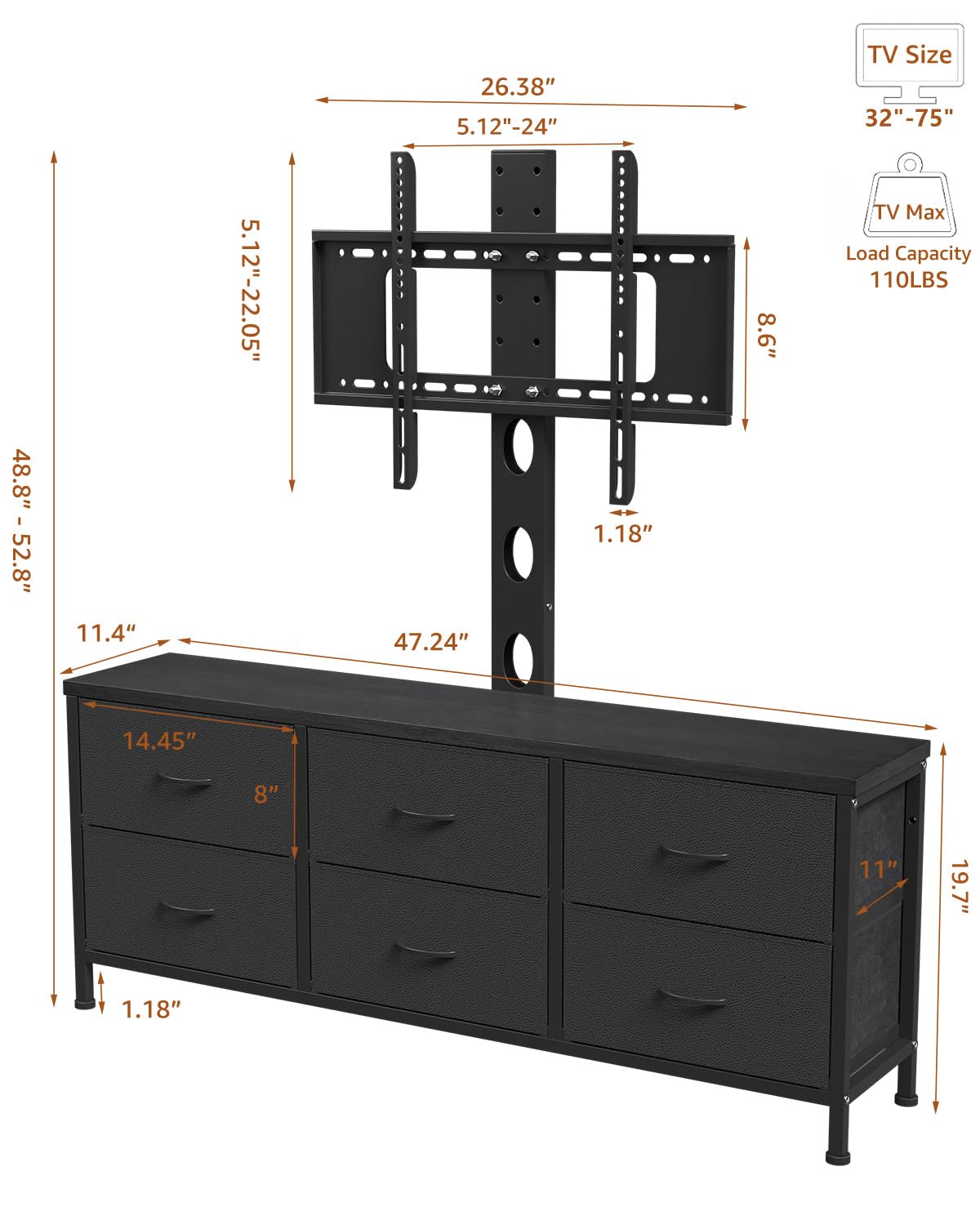 Black 6 Drawer TV Stand with Mount L5091