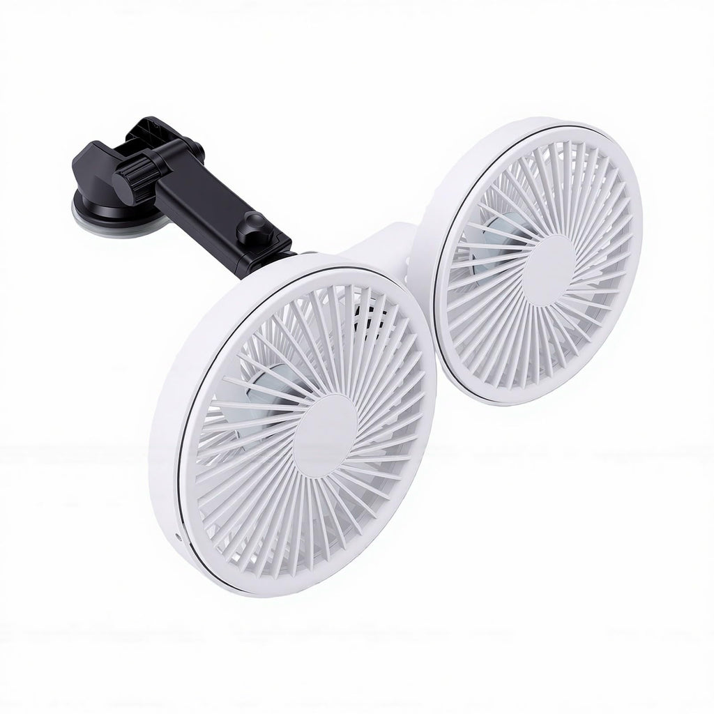 Dual Head Car Fan 3 Speeds 360 Degree Adjustable Suction Cup Rechargeable White D1980