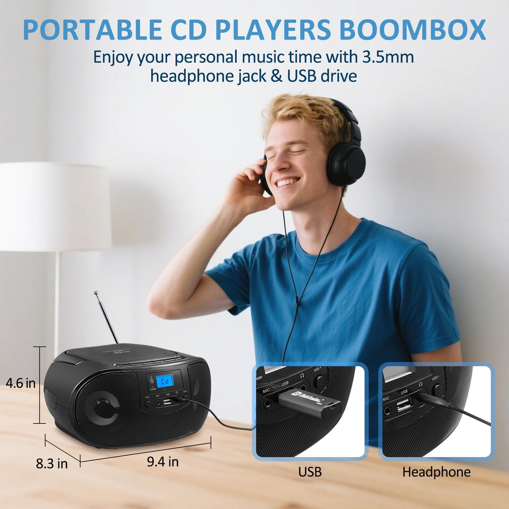 Portable CD Player Boombox with FM Radio, Bluetooth, Remote Control, Black F587578