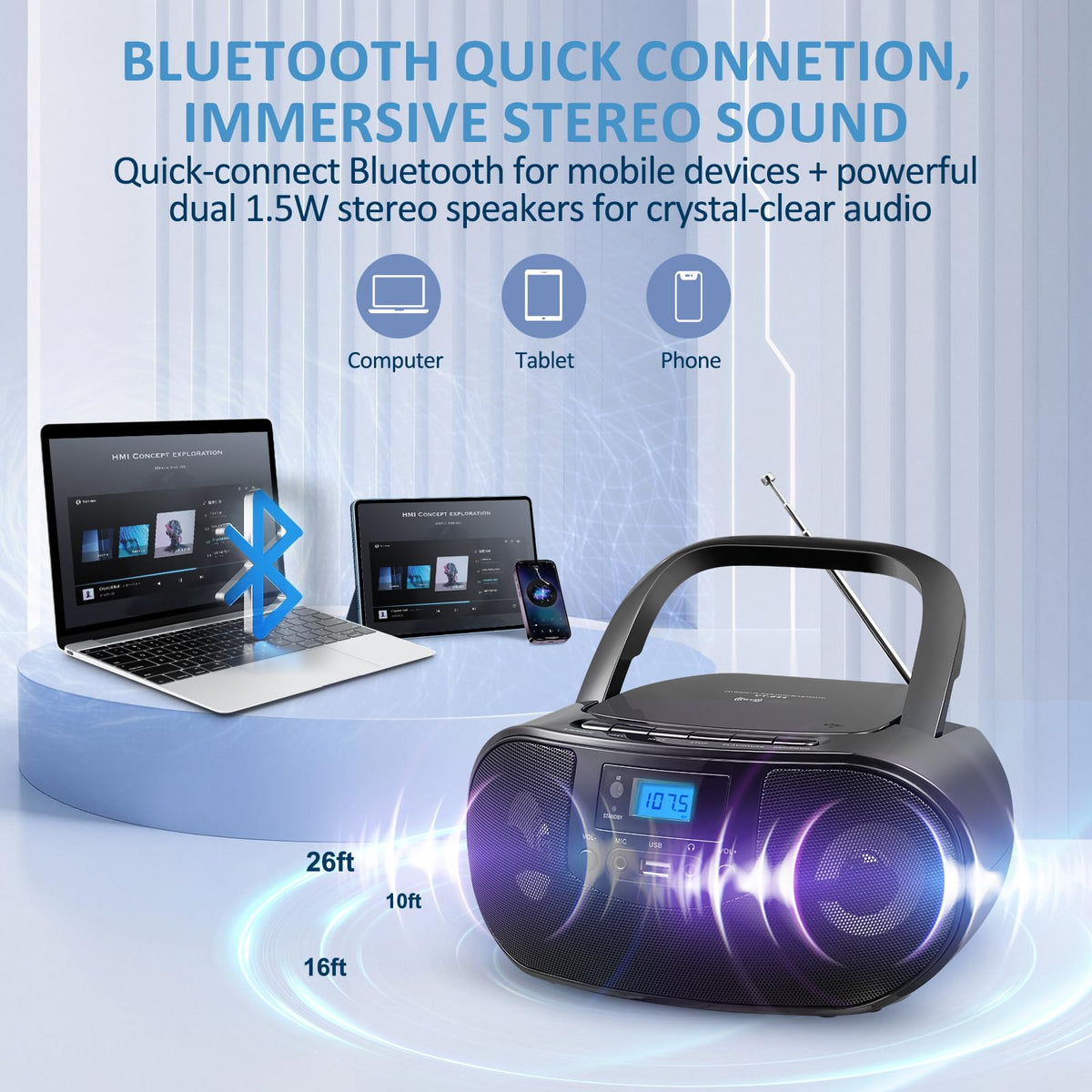 Portable CD Player Boombox with FM Radio, Bluetooth, Remote Control, Black F587578