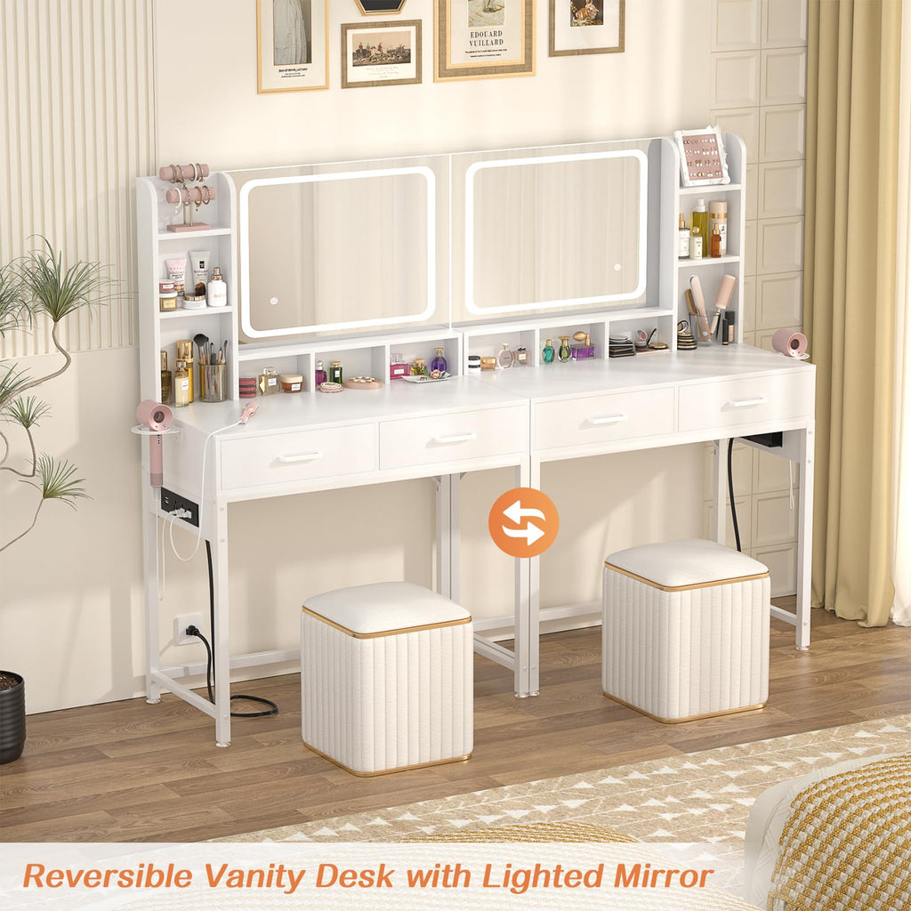 White Vanity Desk with Mirror and Drawers K671