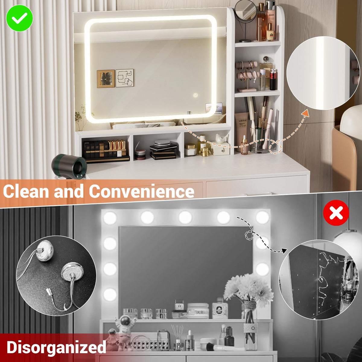 White Vanity Desk with Mirror and Drawers K671