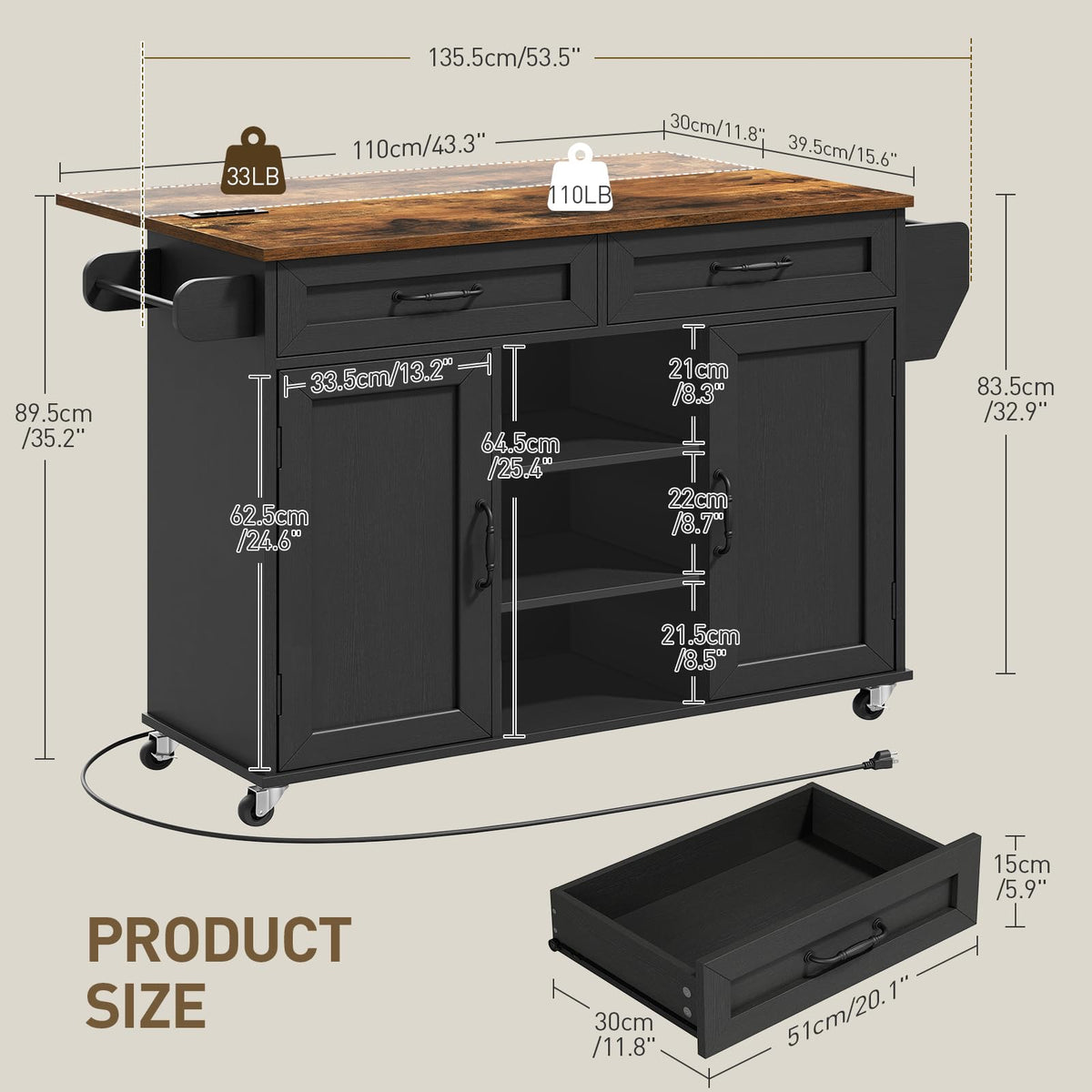 Black and Rustic Brown Kitchen Island with Power Outlets and Drop Leaf A6510