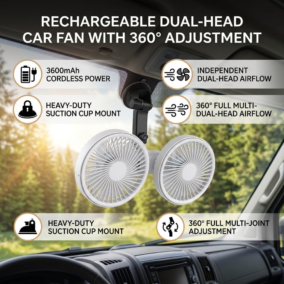 Dual Head Car Fan 3 Speeds 360 Degree Adjustable Suction Cup Rechargeable White D1980