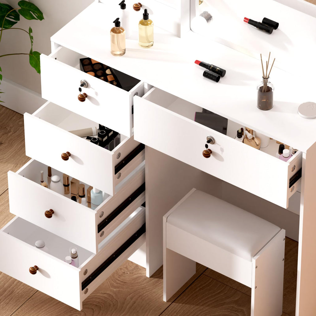 White Vanity Mirror with Lights Desk and Chair 5 Drawers Makeup Table B874