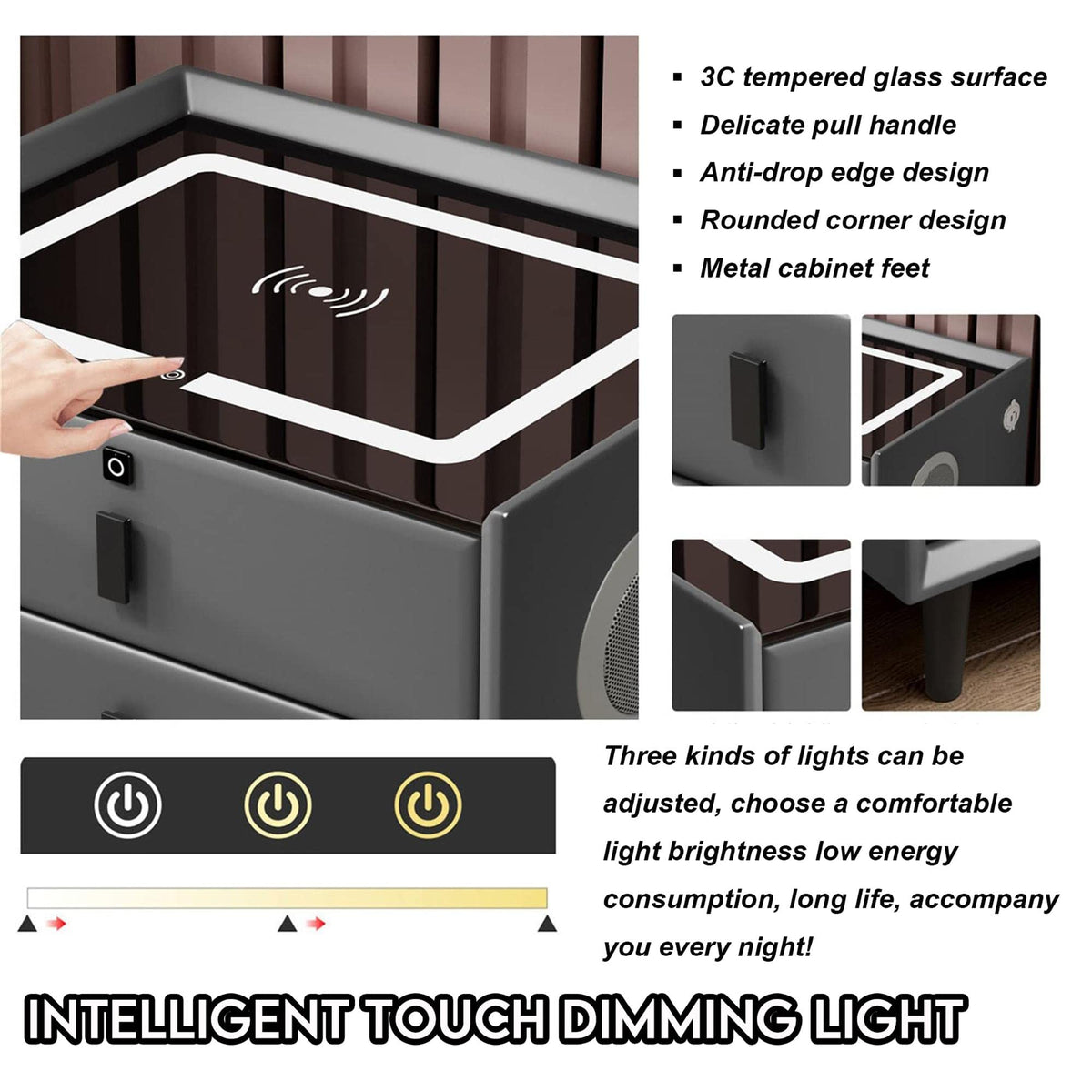 Gray Nightstands with Wireless Charging Station and USB Charging C345