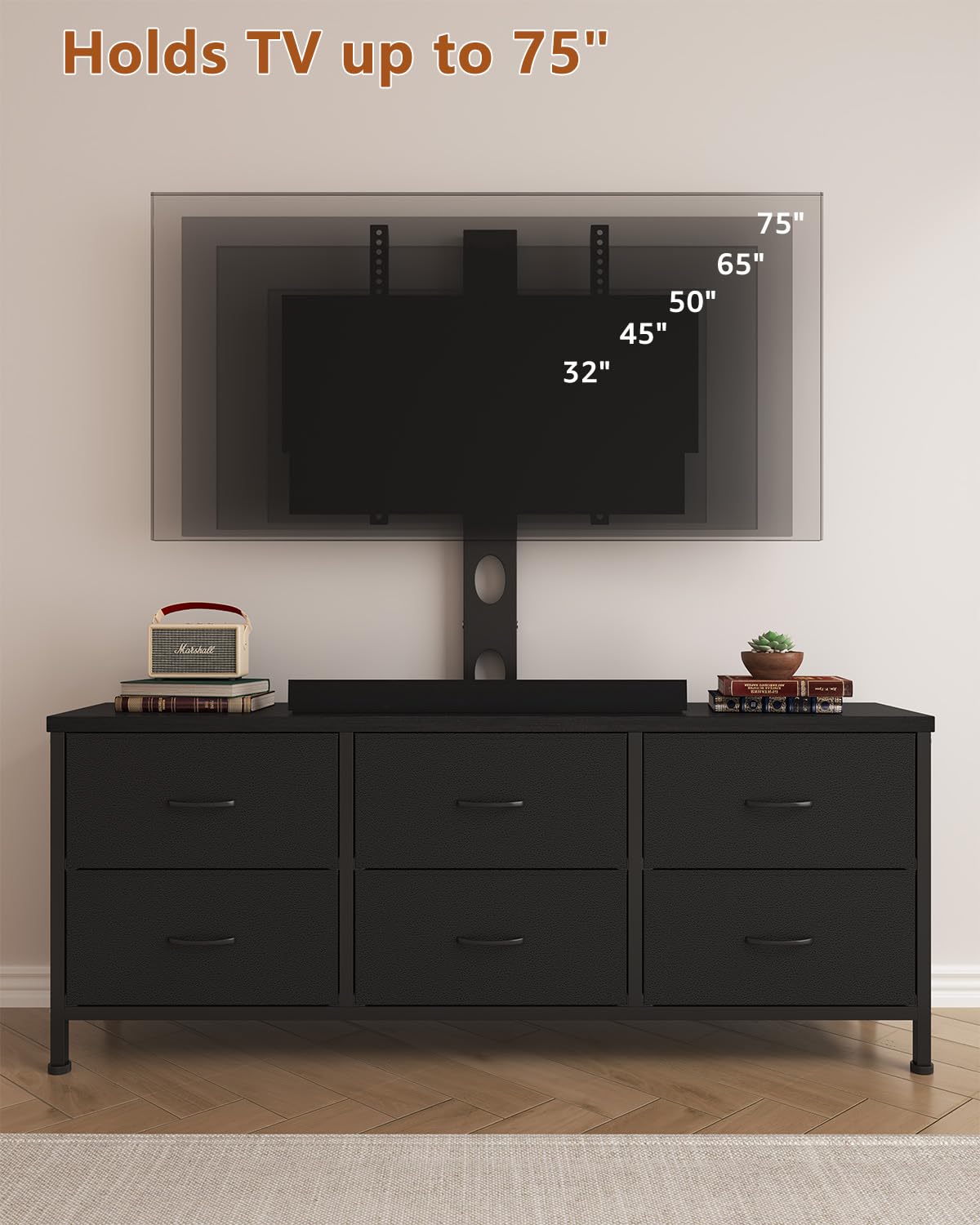 Black 6 Drawer TV Stand with Mount L5091