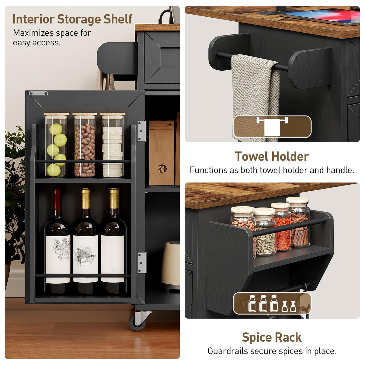 Black and Rustic Brown Kitchen Island with Power Outlets and Drop Leaf A6510