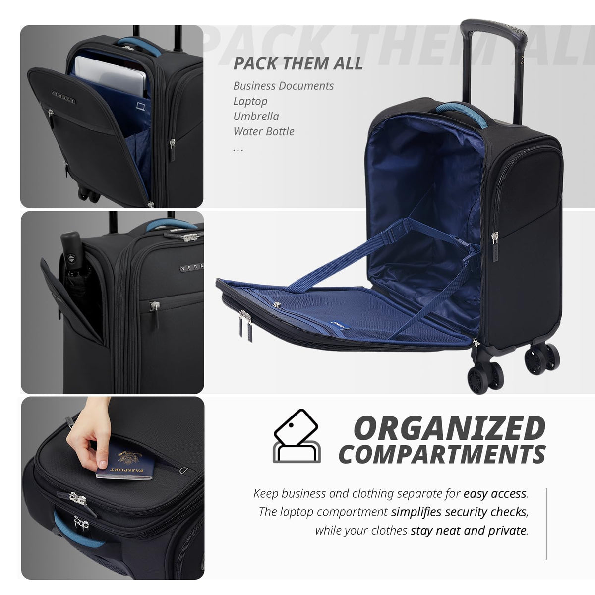 14 inch Black Softside Underseat Carry On Luggage with Wheels Y8460