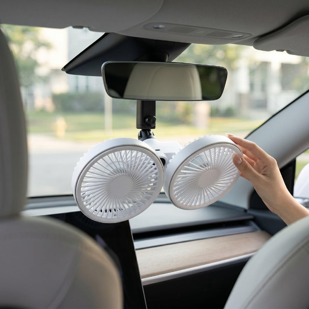 Dual Head Car Fan 3 Speeds 360 Degree Adjustable Suction Cup Rechargeable White D1980