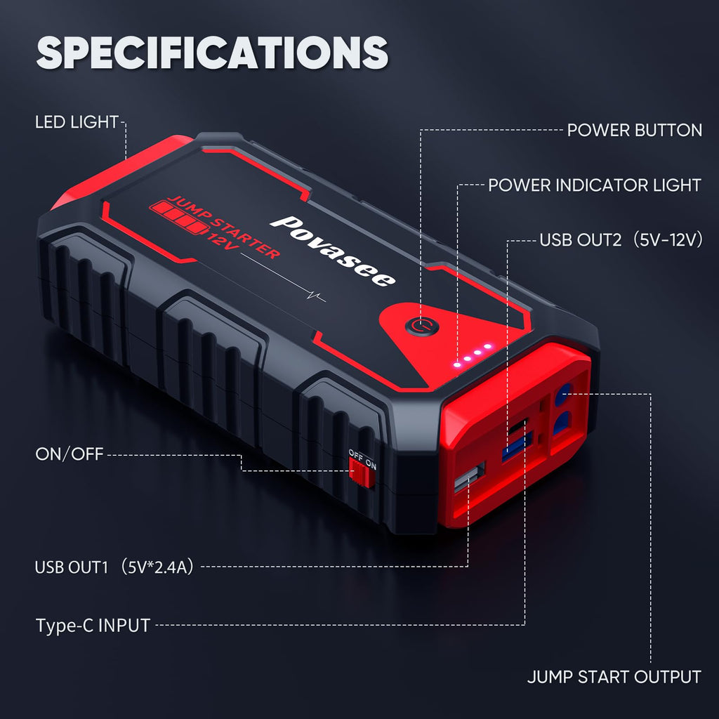 5000A 12V Portable Jump Starter with USB Dual Output LED Light Storage Case O3096