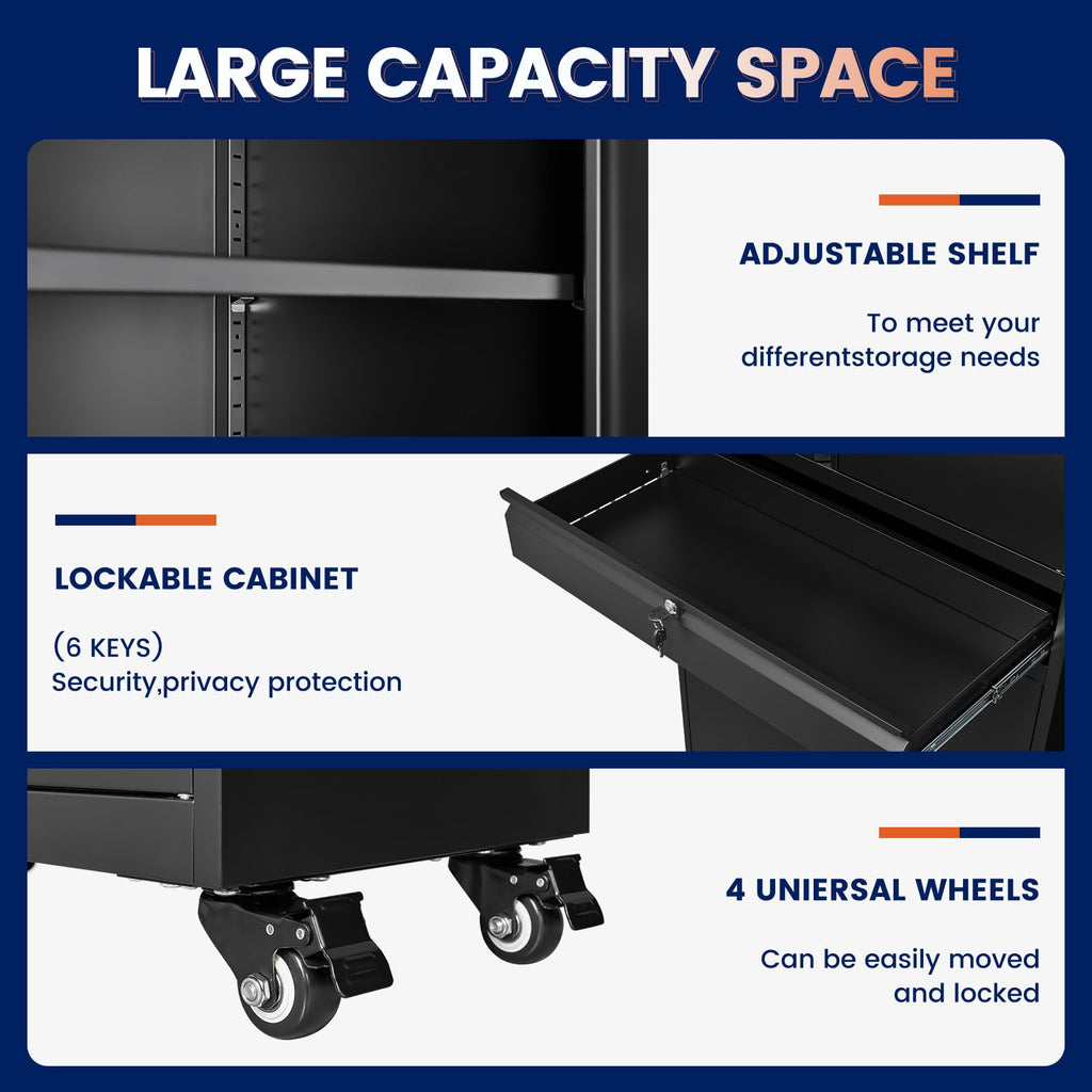 Black Metal Rolling Storage Cabinet with Locking Doors and 1 Drawer F235