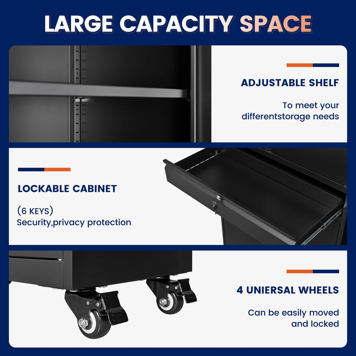 Black Metal Rolling Storage Cabinet with Locking Doors and 1 Drawer F235