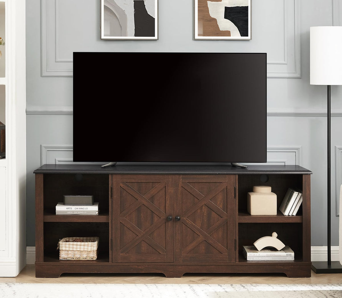 Espresso and Black TV Media Stand with Open Shelves and Closed Cabinets V574455
