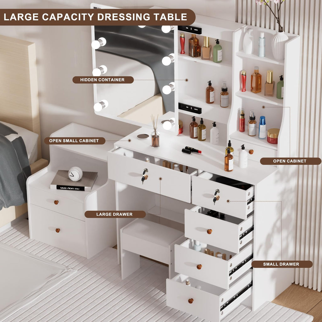 White Vanity Mirror with Lights Desk and Chair 5 Drawers Makeup Table B874