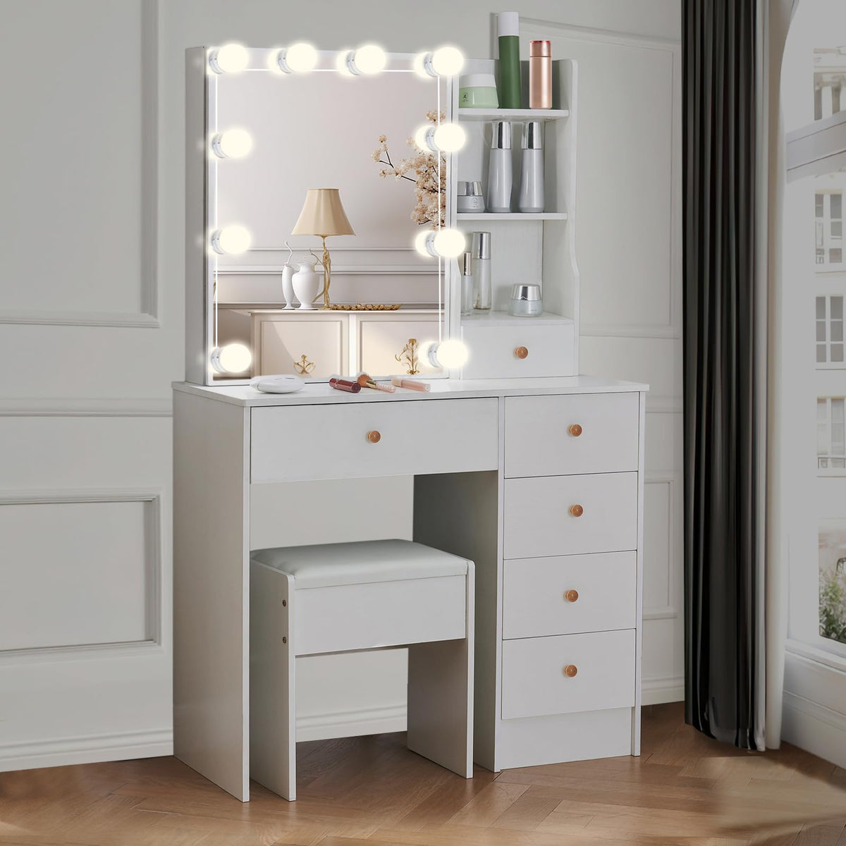 White Vanity Mirror with Lights Desk and Chair 5 Drawers Makeup Table B874