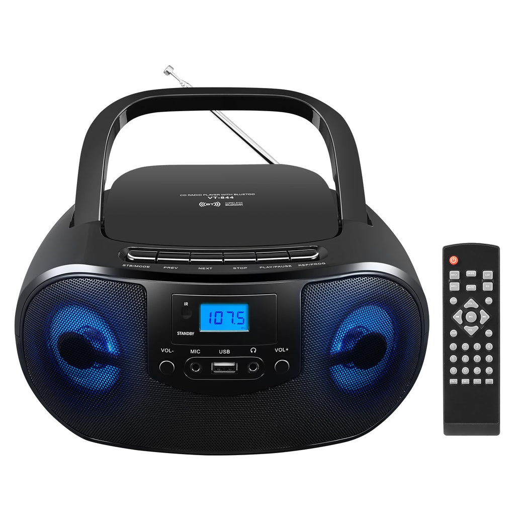 Portable CD Player Boombox with FM Radio, Bluetooth, Remote Control, Black F587578