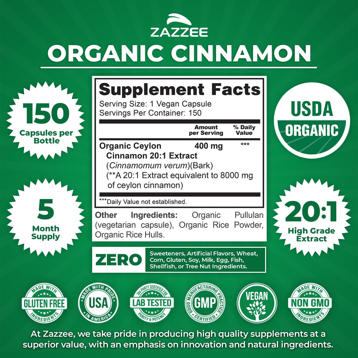 USDA Organic Ceylon Cinnamon 20:1 Extract 150 Capsules C378747