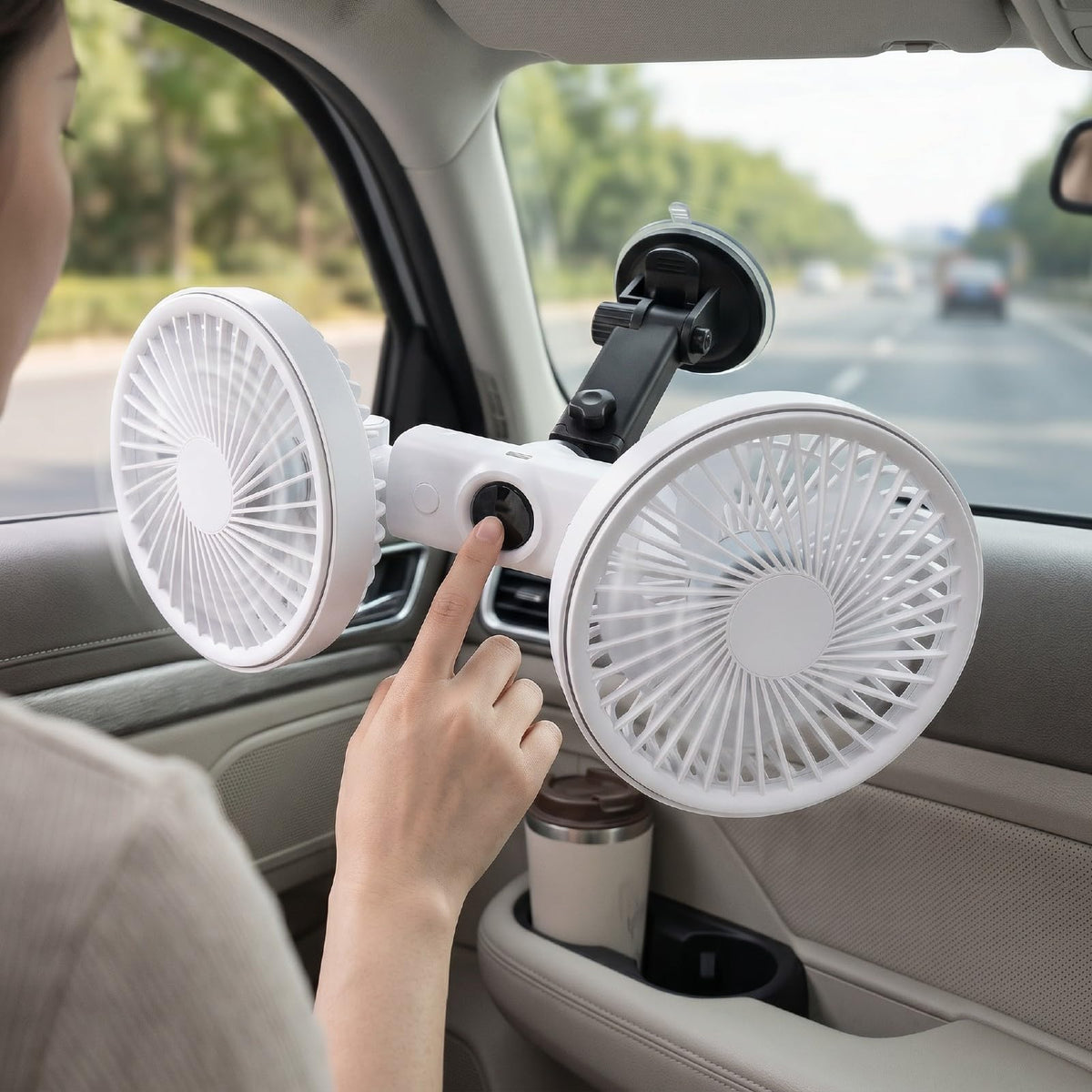 Dual Head Car Fan 3 Speeds 360 Degree Adjustable Suction Cup Rechargeable White D1980