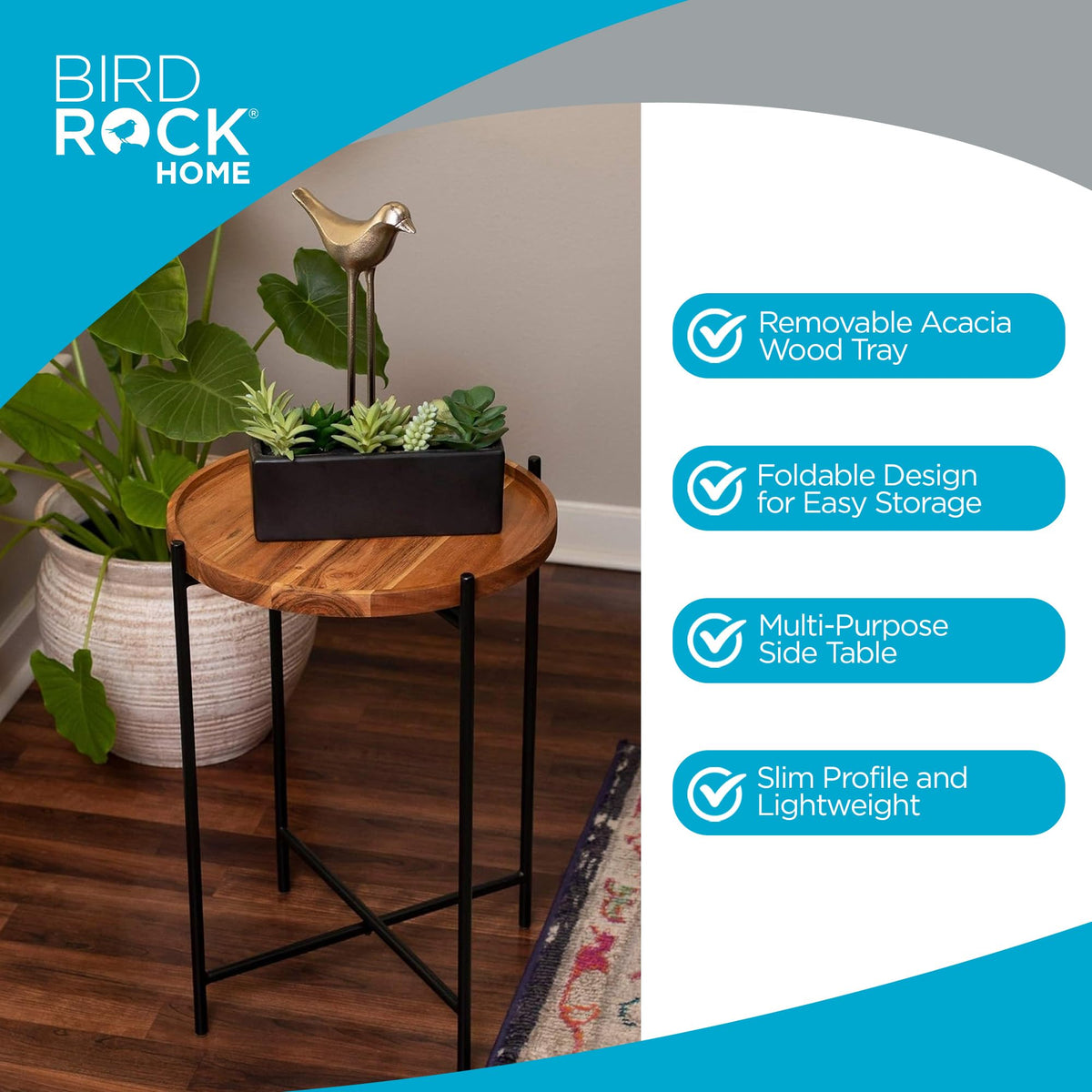Folding Side Table with Removable Wood Tray Top J897446