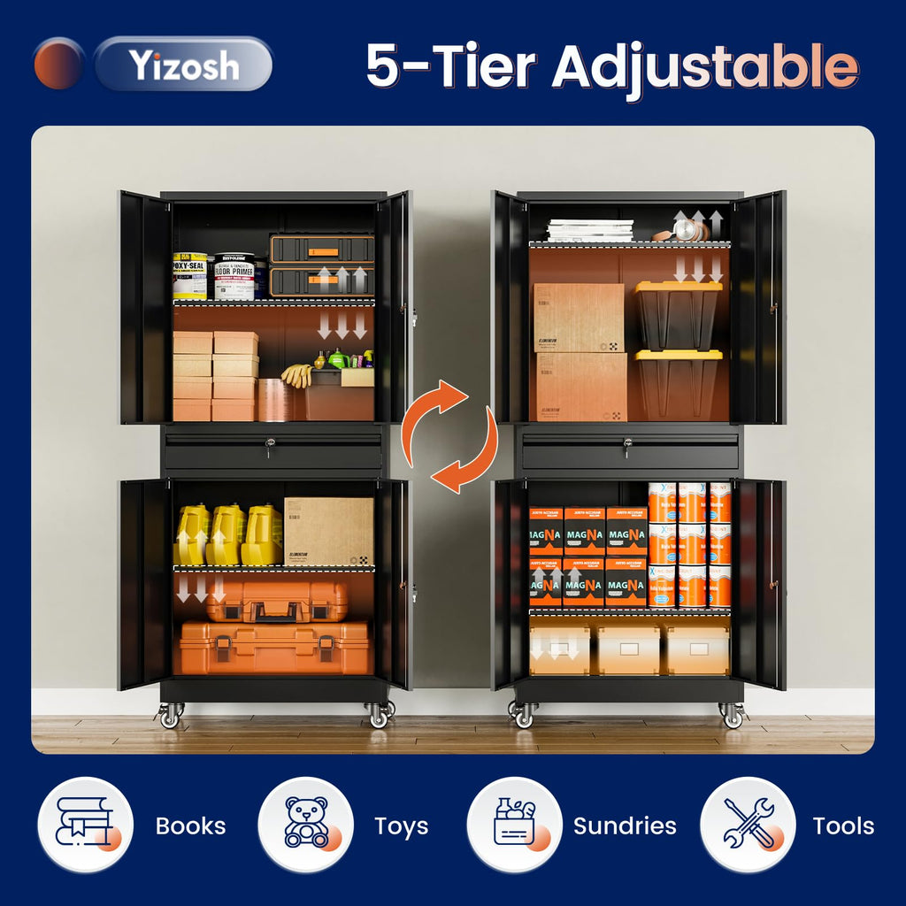 Black Metal Rolling Storage Cabinet with Locking Doors and 1 Drawer F235