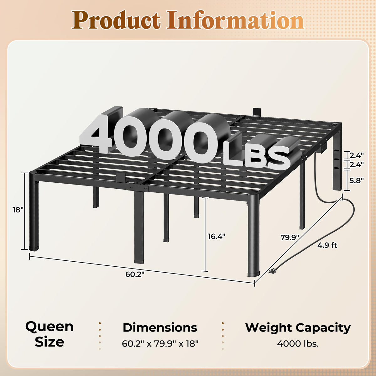 Queen Bed Frame with Charging Station N7094