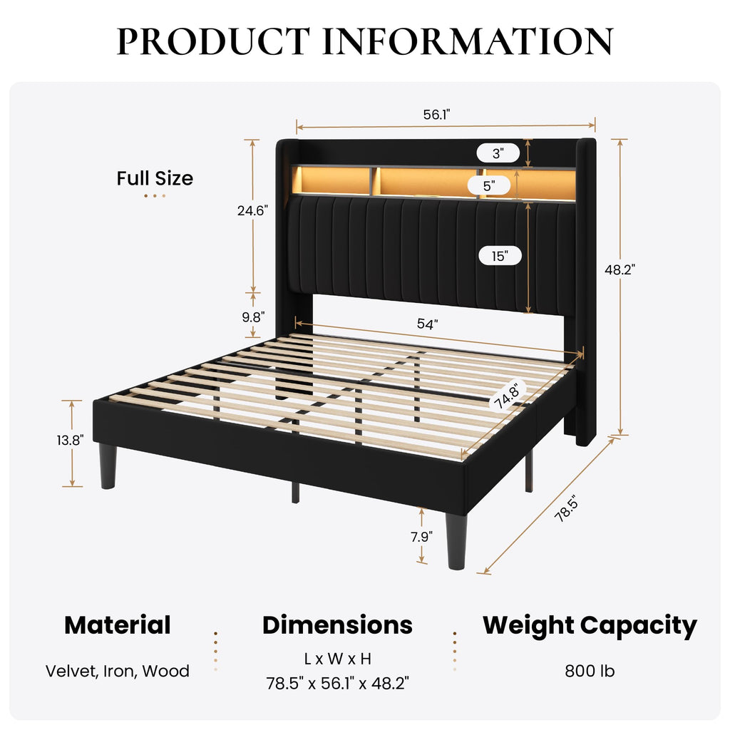 Full Size Velvet Upholstered Platform Bed Frame with Storage Shelf B387