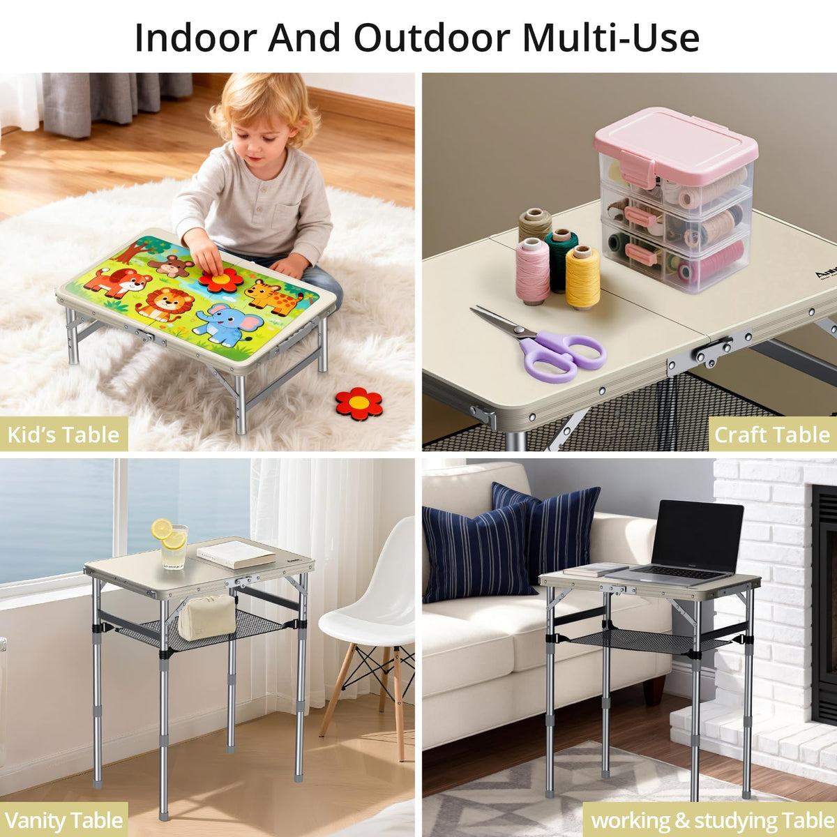 2 ft Small Folding Table, 3 Adjustable Height W1326