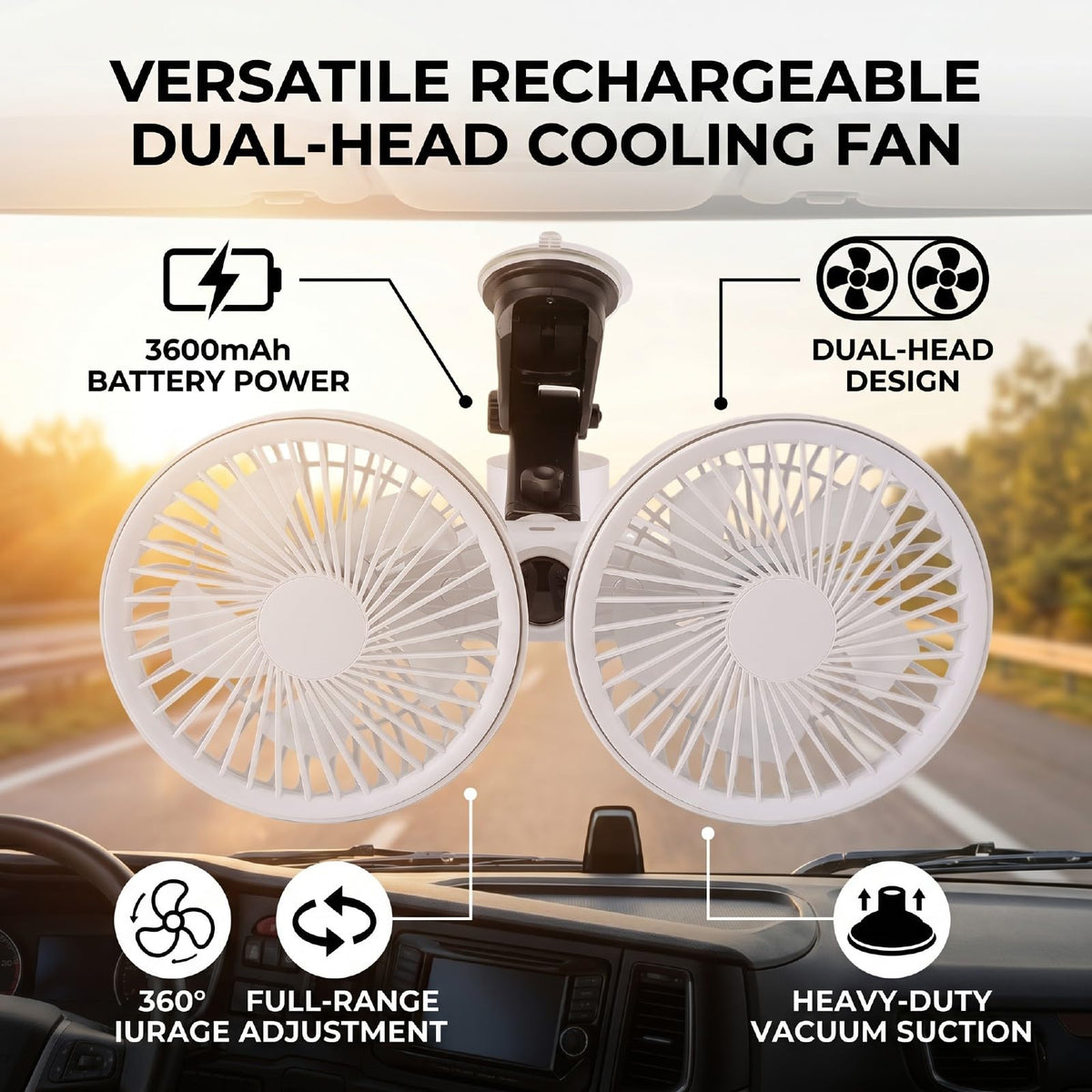 Dual Head Car Fan 3 Speeds 360 Degree Adjustable Suction Cup Rechargeable White D1980