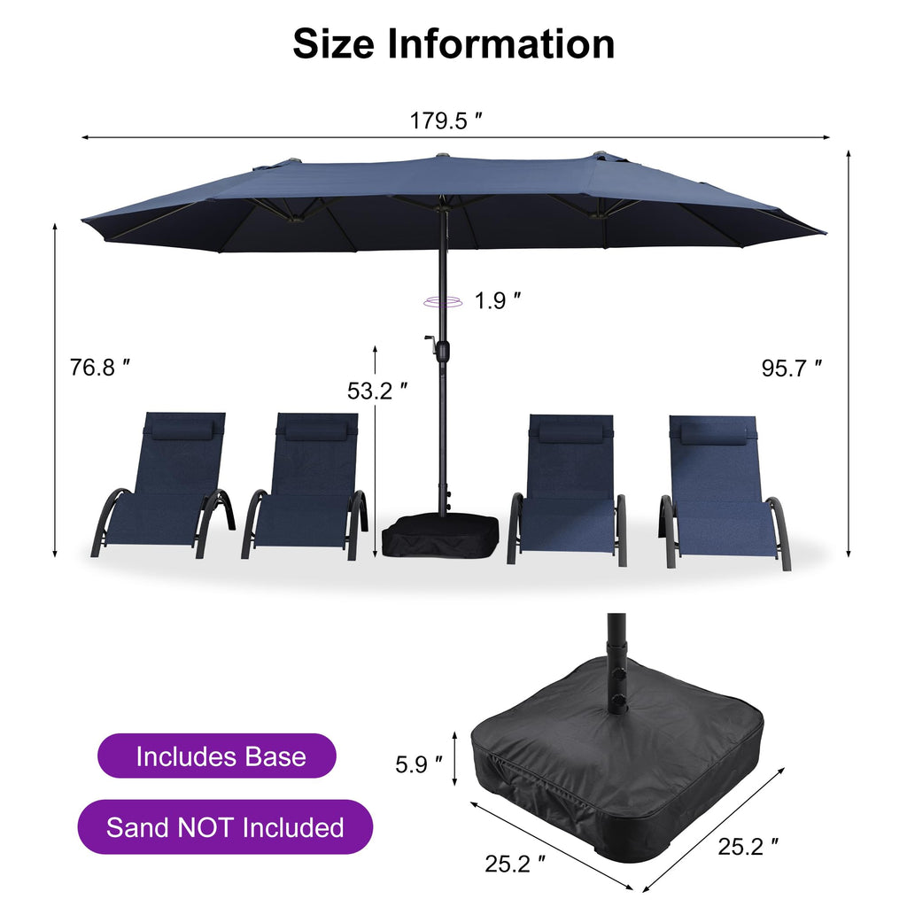 15ft Double-Sided Navy Blue Patio Umbrella with Base T72472