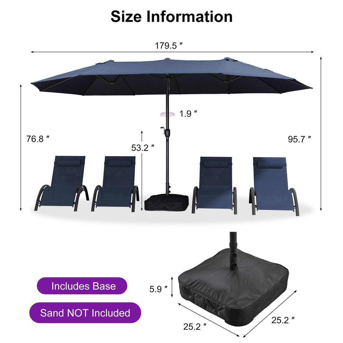 15ft Double-Sided Navy Blue Patio Umbrella with Base T72472