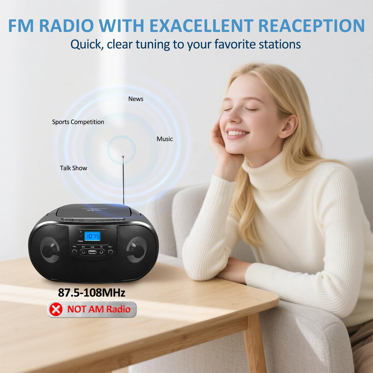 Portable CD Player Boombox with FM Radio, Bluetooth, Remote Control, Black F587578