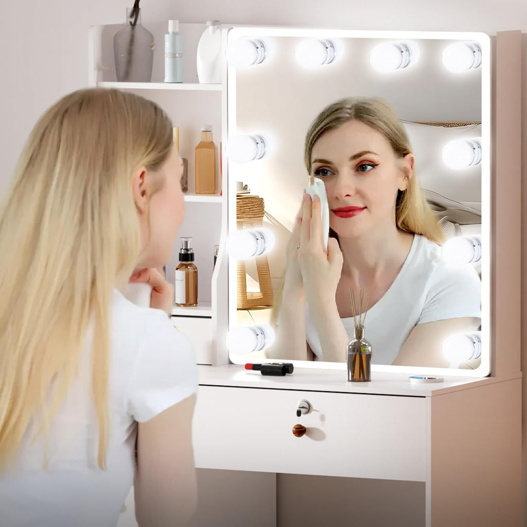 White Vanity Mirror with Lights Desk and Chair 5 Drawers Makeup Table B874