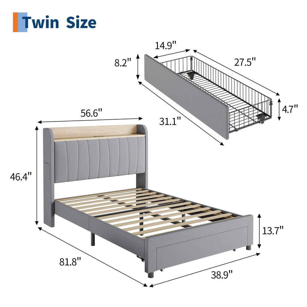 Twin Bed Frame with Storage Headboard and Charging Station G5304