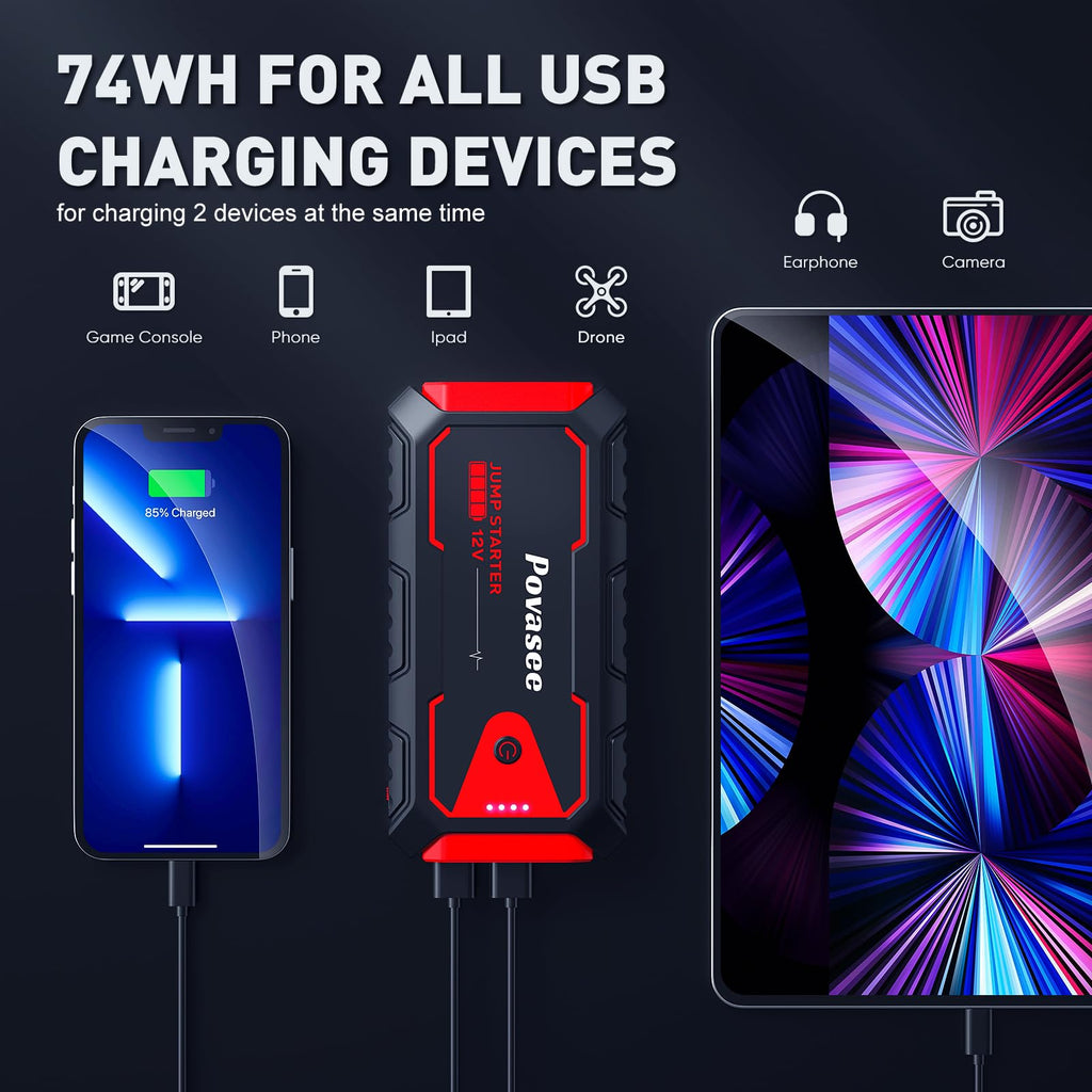 5000A 12V Portable Jump Starter with USB Dual Output LED Light Storage Case O3096