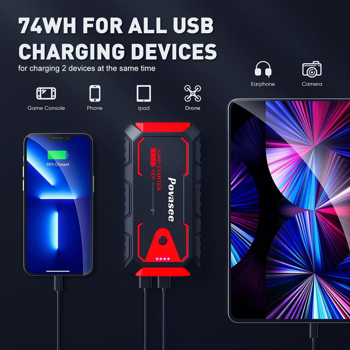5000A 12V Portable Jump Starter with USB Dual Output LED Light Storage Case O3096