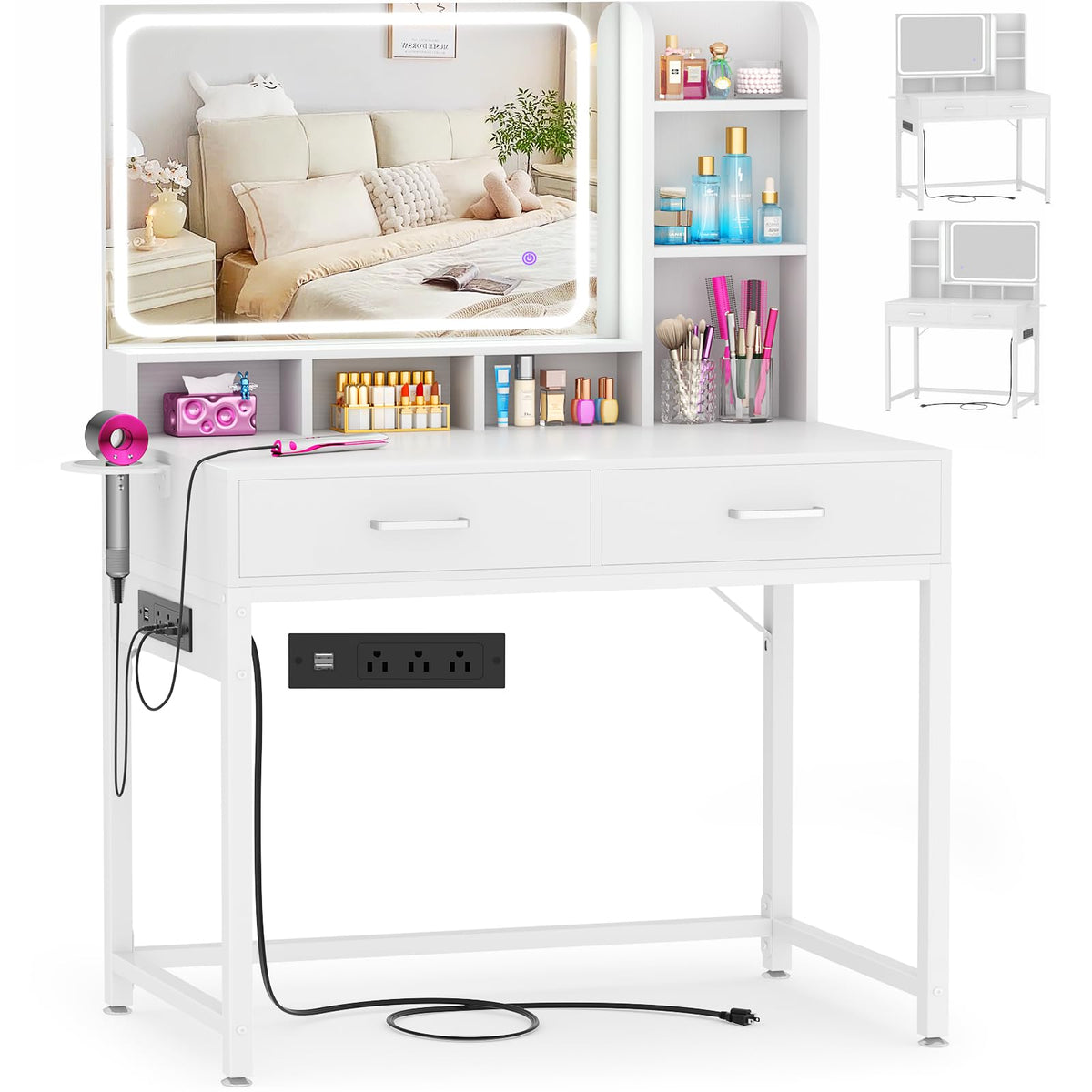 White Vanity Desk with Mirror and Drawers K671