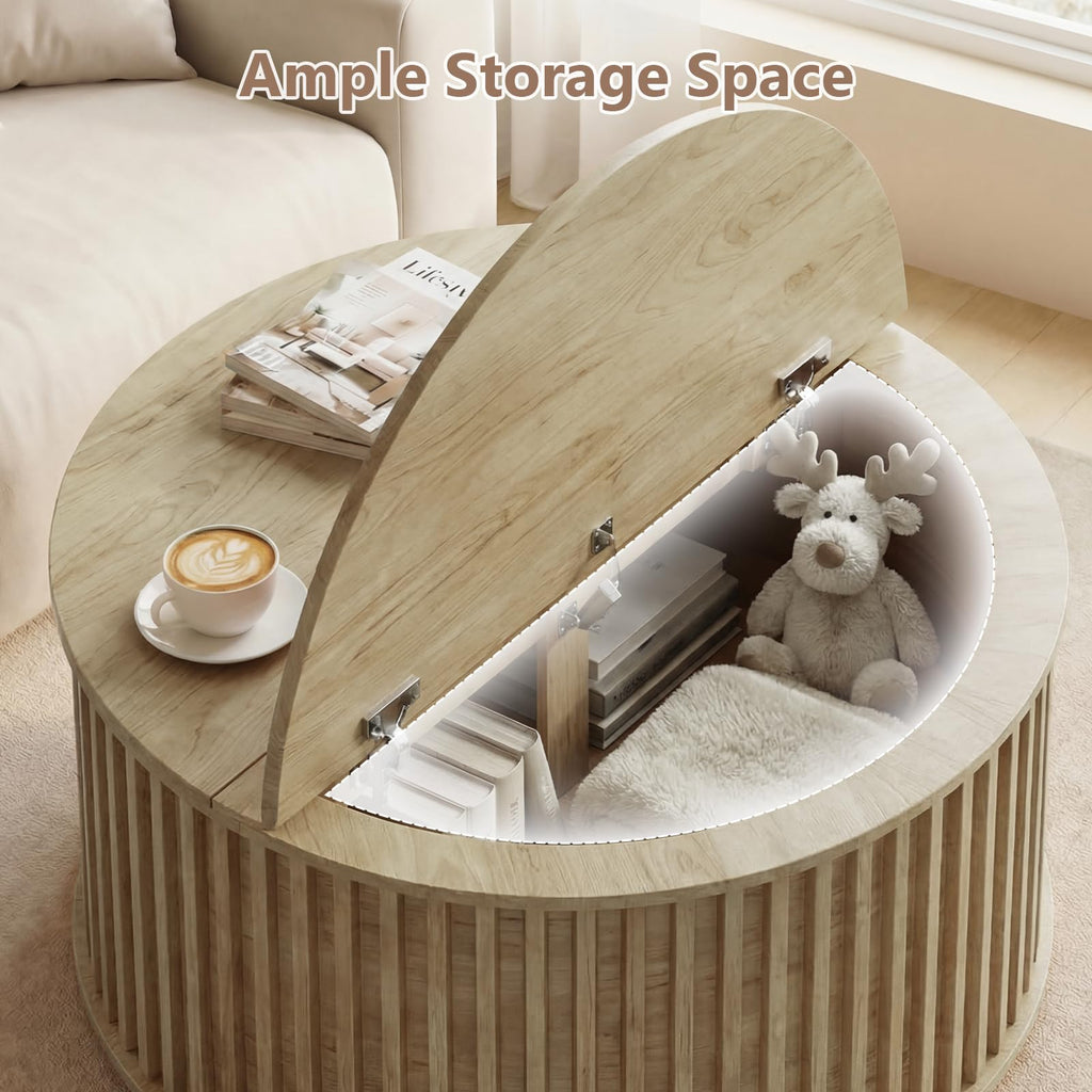 Round Coffee Table with Storage, 35.43" Fluted Center Table P3672