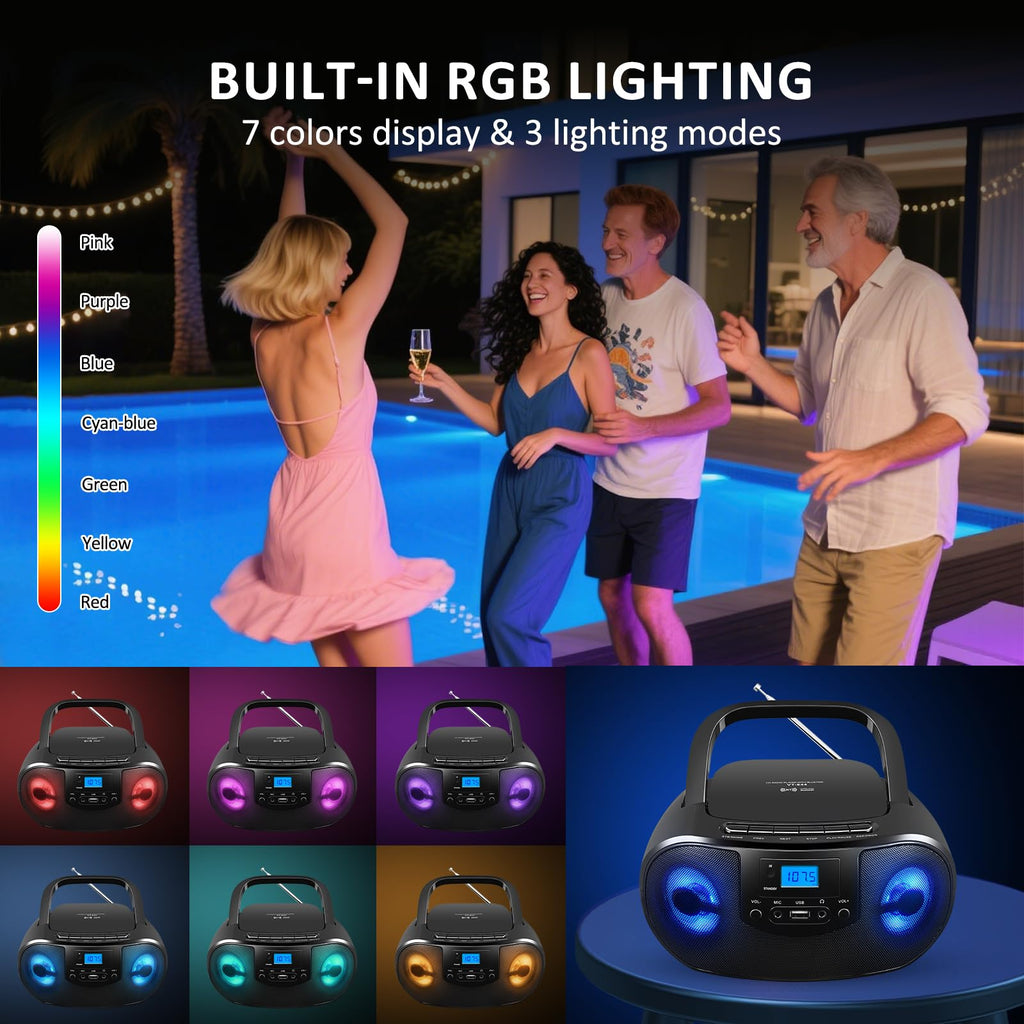 Portable CD Player Boombox with FM Radio, Bluetooth, Remote Control, Black F587578