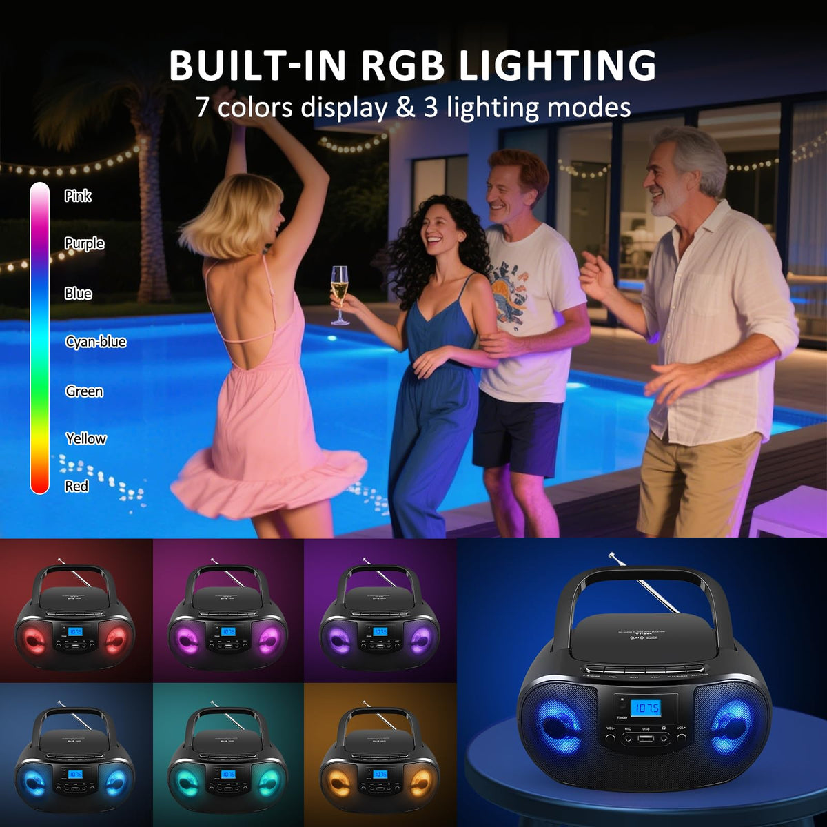 Portable CD Player Boombox with FM Radio, Bluetooth, Remote Control, Black F587578