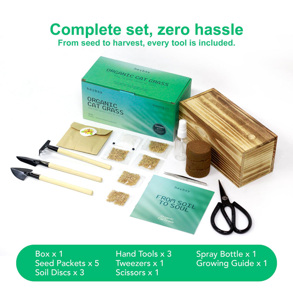 Non-GMO Wheatgrass Cat Grass Kit with Wood Planter Soil & Tools 17-Piece Set R2489