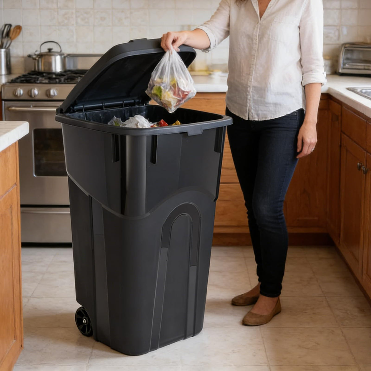 32 Gallon Wheeled Plastic Trash Can with Lid H50023